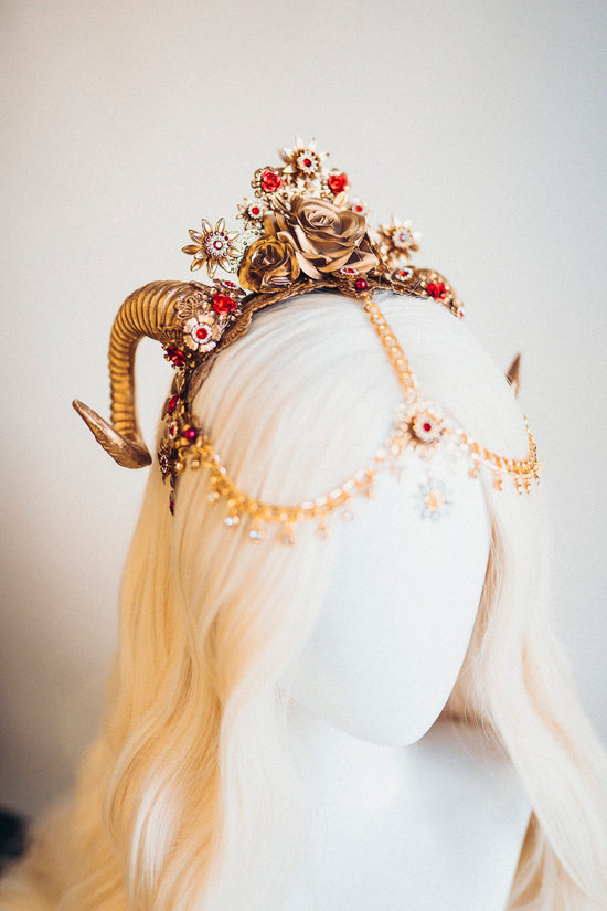 Aries Zodiac Sign Headband Headpiece Gold Horns Tiara Birthday Party Crown Festival Burning man Sugar skull make-up Halloween