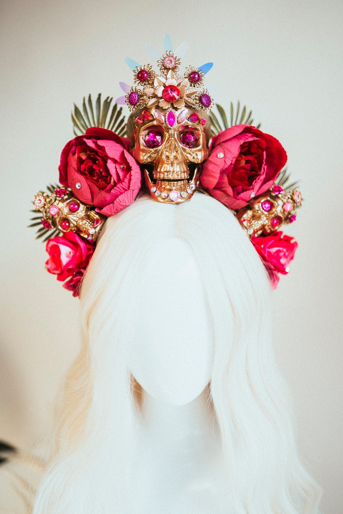 Red flower crown, Gold halo crown, La Catrina crown, Halloween headband, Halloween costume, Halloween headpiece, Flower headpice, Spooky