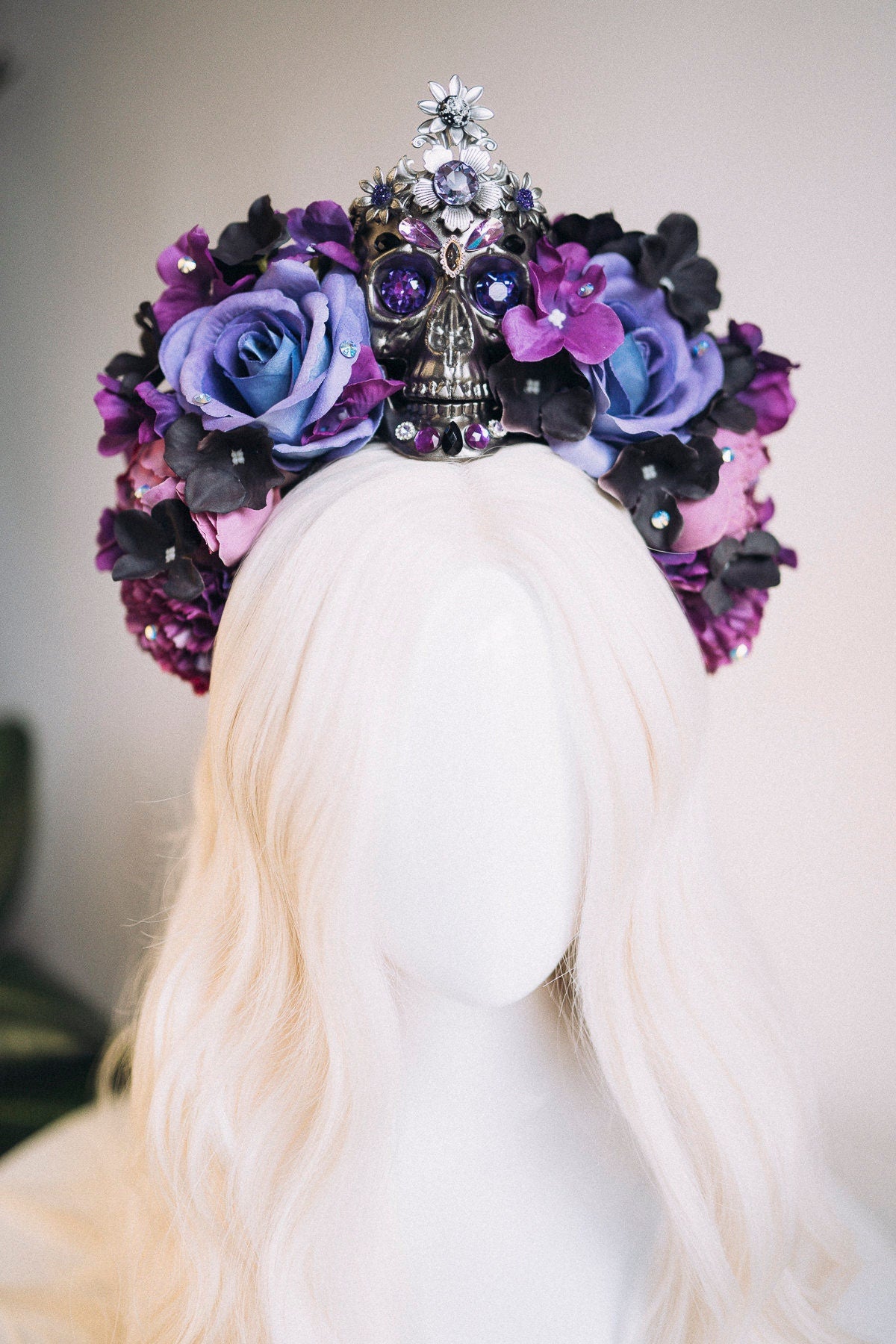 Purple flower crown, Gold halo crown, La Catrina crown, Halloween headband, Halloween costume, Halloween headpiece, Flower headpiece, Spooky