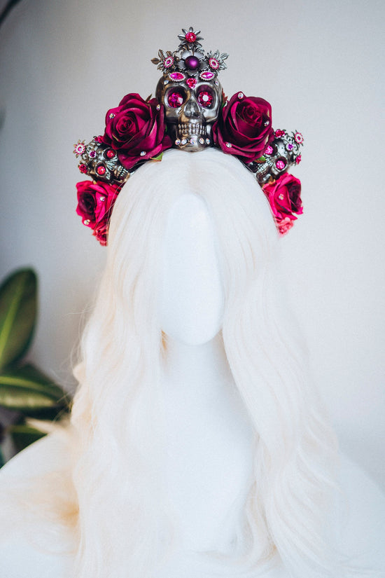 Burgundy flower crown, Gold halo crown, La Catrina crown, Halloween headband, Halloween costume, Halloween headpiece, Flower headpiece