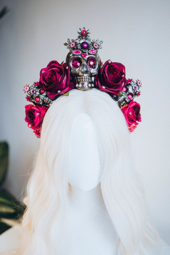 Burgundy flower crown, Gold halo crown, La Catrina crown, Halloween headband, Halloween costume, Halloween headpiece, Flower headpiece