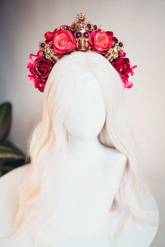 Red flower crown, Gold halo crown, La Catrina crown, Halloween headband, Halloween costume, Halloween headpiece, Flower headpiece, Spooky