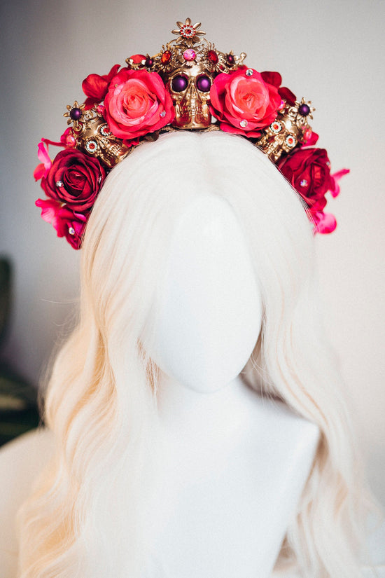 Red flower crown, Gold halo crown, La Catrina crown, Halloween headband, Halloween costume, Halloween headpiece, Flower headpiece, Spooky