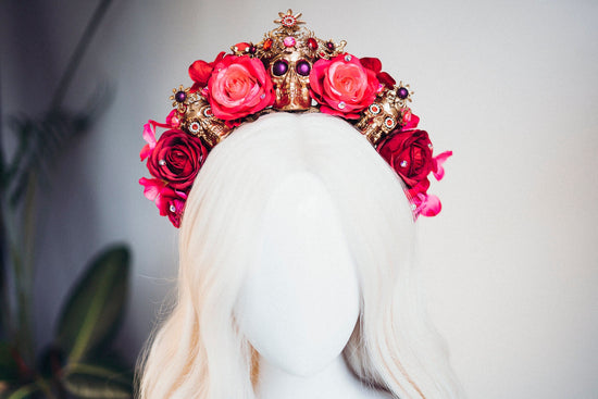 Red flower crown, Gold halo crown, La Catrina crown, Halloween headband, Halloween costume, Halloween headpiece, Flower headpiece, Spooky