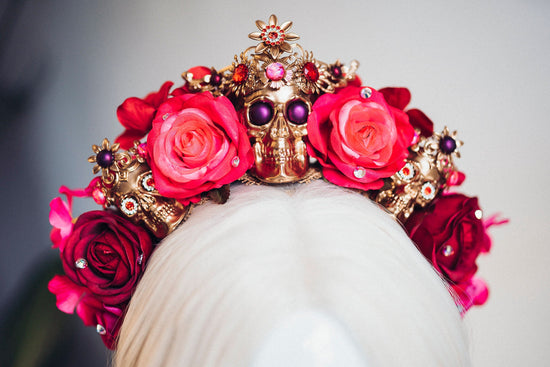 Red flower crown, Gold halo crown, La Catrina crown, Halloween headband, Halloween costume, Halloween headpiece, Flower headpiece, Spooky