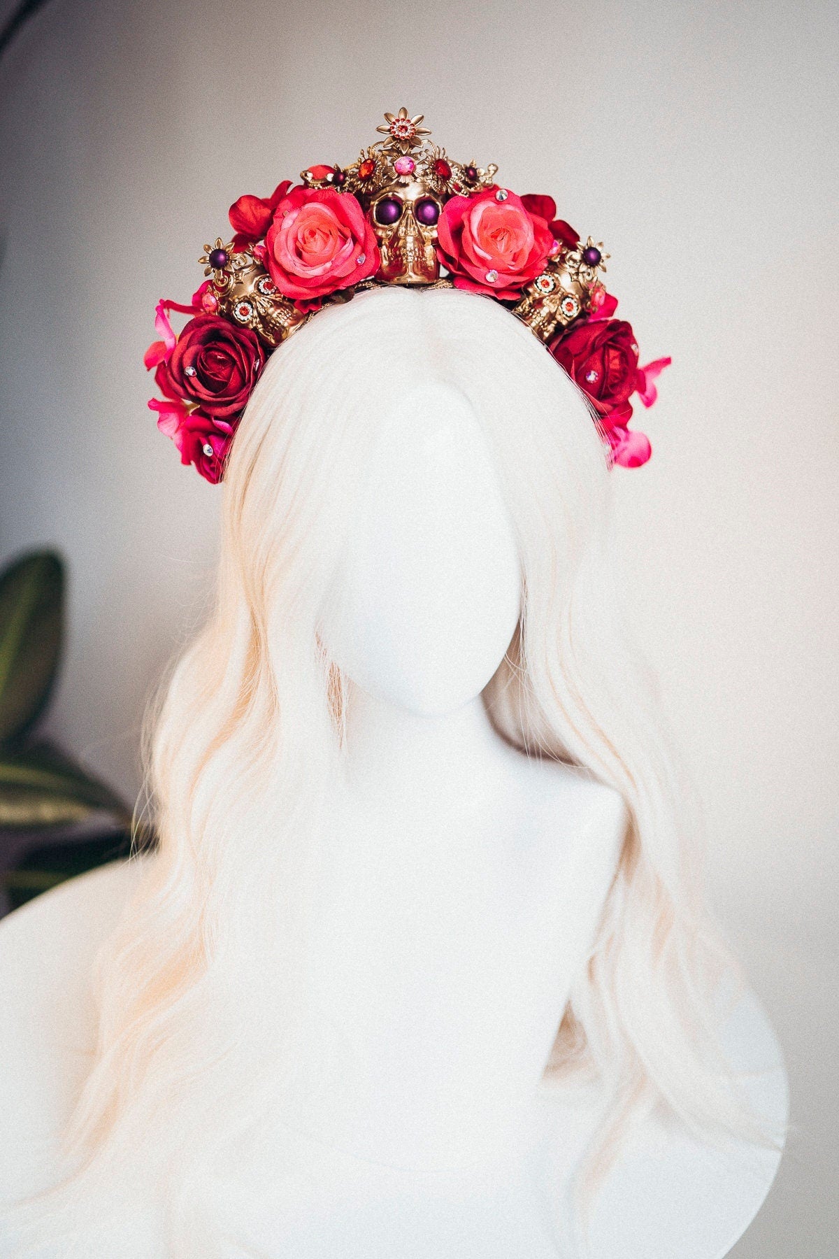 Red flower crown, Gold halo crown, La Catrina crown, Halloween headband, Halloween costume, Halloween headpiece, Flower headpiece, Spooky