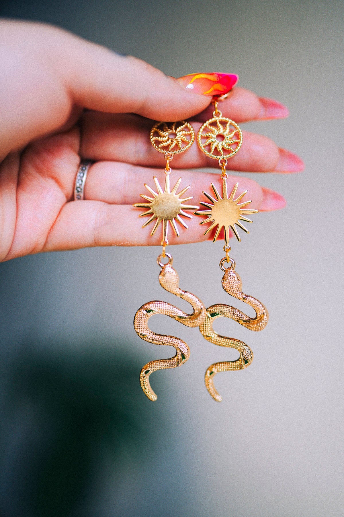 Celestial Earrings, Festival Earrings, Gold Earrings, Green Snake Earrings, Summer Earrings, Sun Earrings, Snake Jewellery, Boho