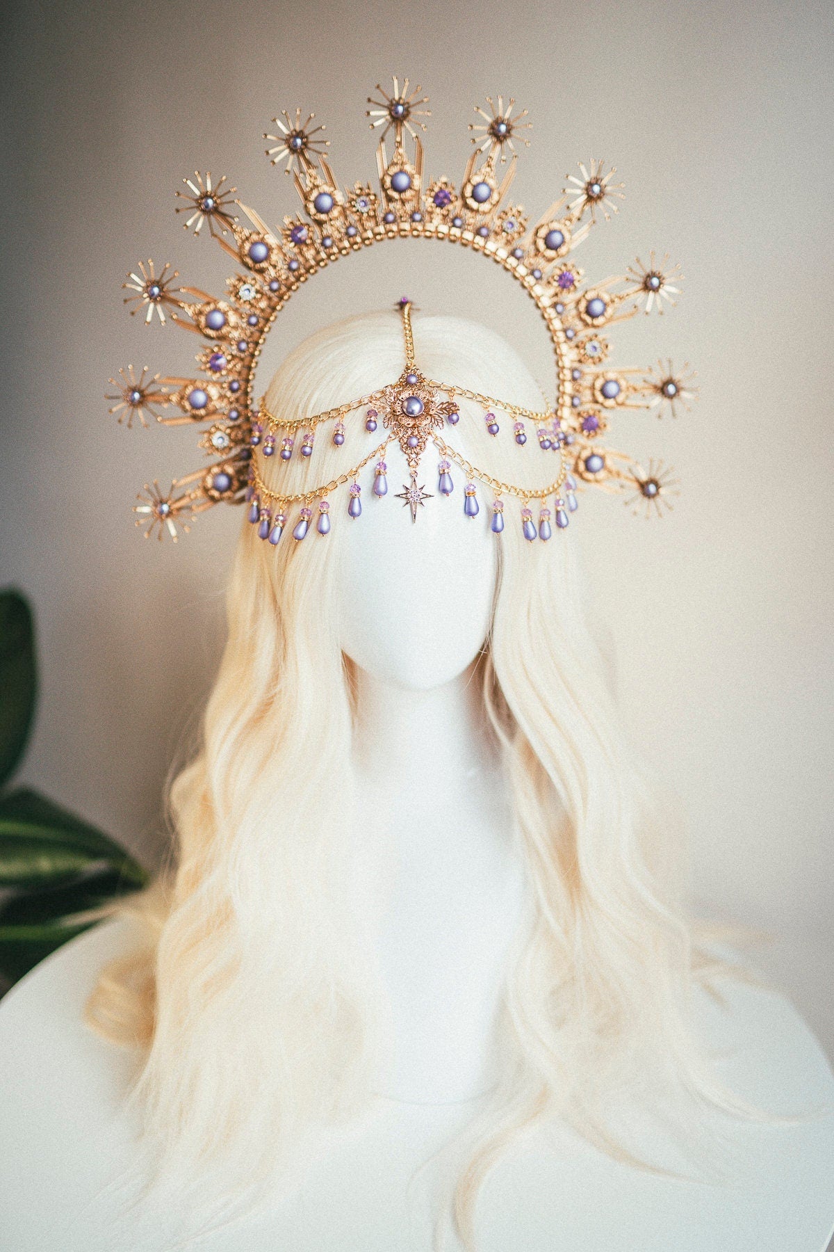 Gold halo crown, Dandelion flower crown, Flower crown, Gold crown, Wedding headpiece, Bridal crown, Burning man, Festival headband