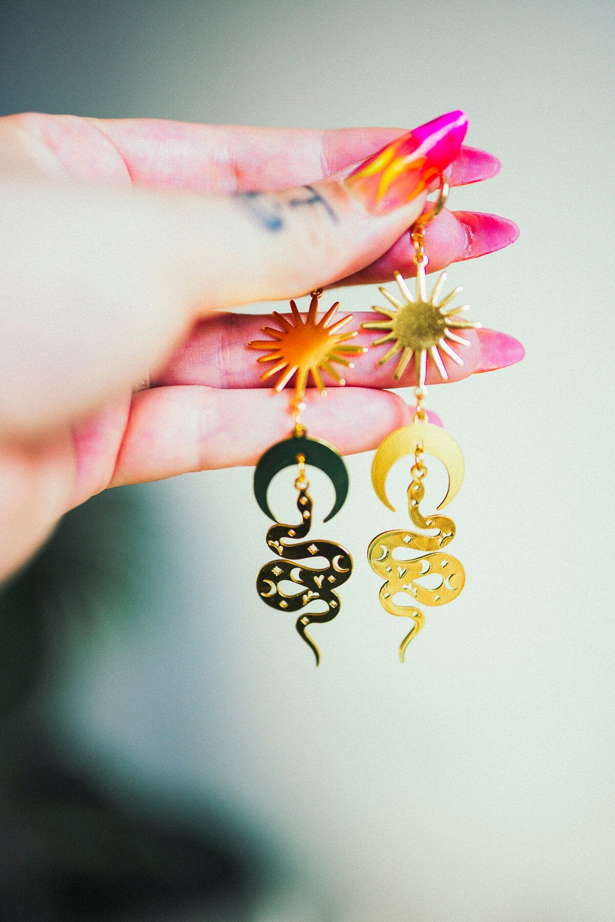 Celestial Earrings, Festival Earrings, Gold Earrings, Green Snake Earrings, Summer Earrings, Sun Earrings, Snake Jewellery