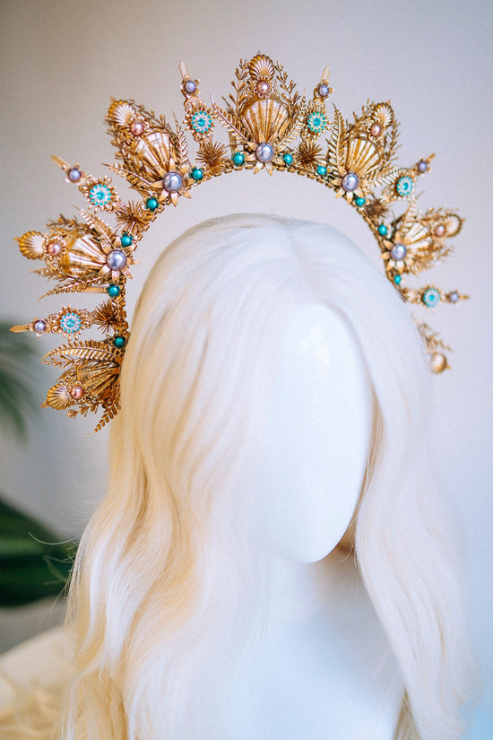 Mermaid Halo Crown Halloween Shell Crown Halo Headband Halo Headlights Crown Tiara Gold Halo Headpiece Festival Crown