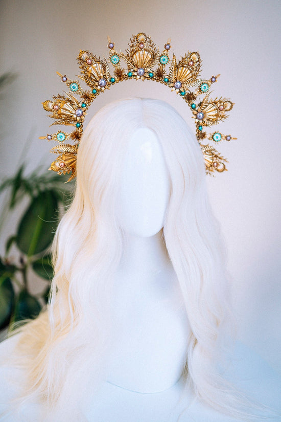 Mermaid Halo Crown Halloween Shell Crown Halo Headband Halo Headlights Crown Tiara Gold Halo Headpiece Festival Crown