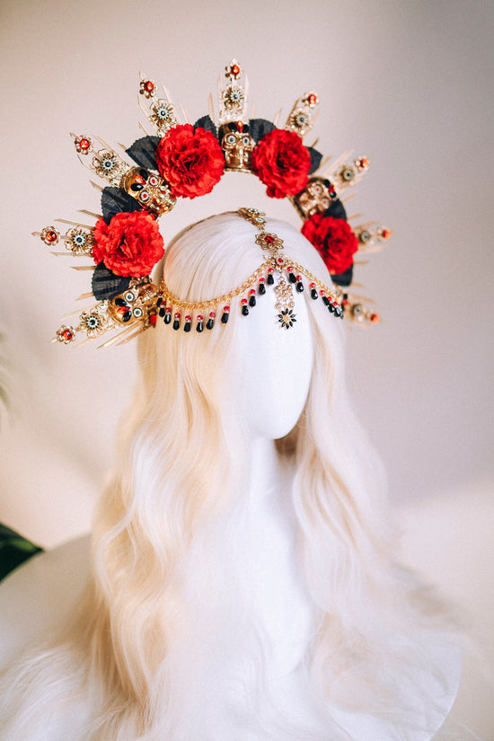 Halloween costume, Halloween headband, La Catrina Flower crown, Day of the Dead, Sugar skull, Skeleton crown, Gold halo crown, Sugar skull