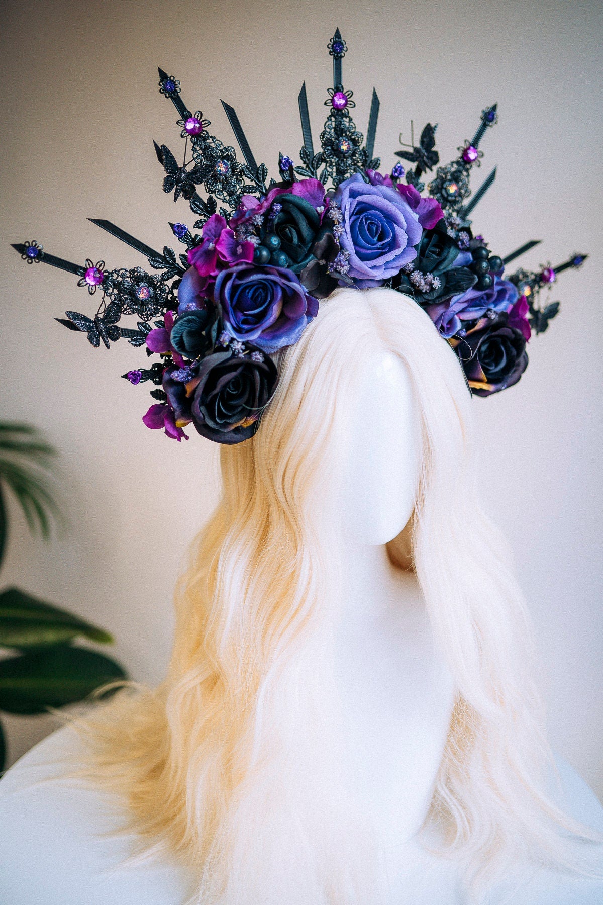 Flower Halo Crown, Halo Headpiece, Halo Headlights, Flower Crown, Celestial, Headpiece, Black Flower Crown, Purple Flower Crown, Halloween