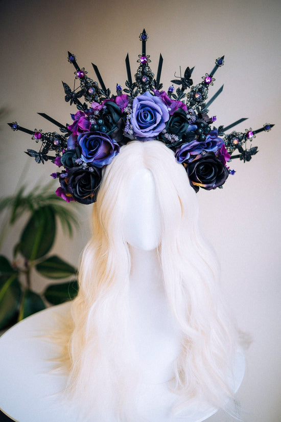 Flower Halo Crown, Halo Headpiece, Halo Headlights, Flower Crown, Celestial, Headpiece, Black Flower Crown, Purple Flower Crown, Halloween