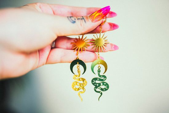 Celestial Earrings, Festival Earrings, Gold Earrings, Green Snake Earrings, Summer Earrings, Sun Earrings, Snake Jewellery