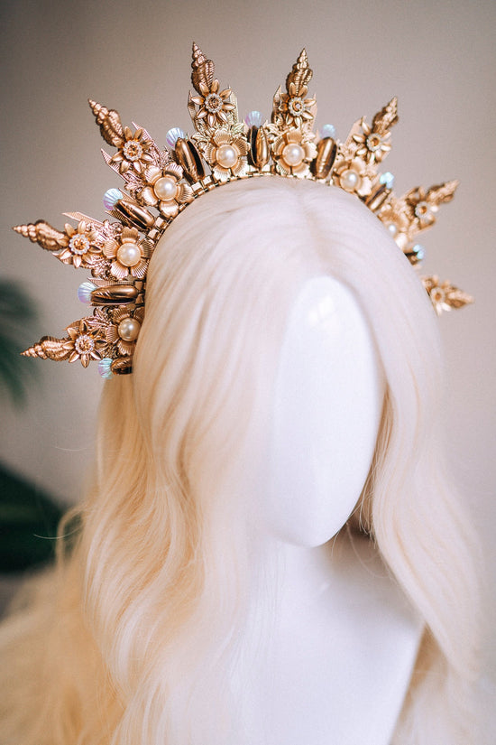 Mermaid Halo Crown Halloween Shell Crown Halo Headband Headlights Crown Tiara Gold Halo Headpiece Festival Crown Mermaid Crown