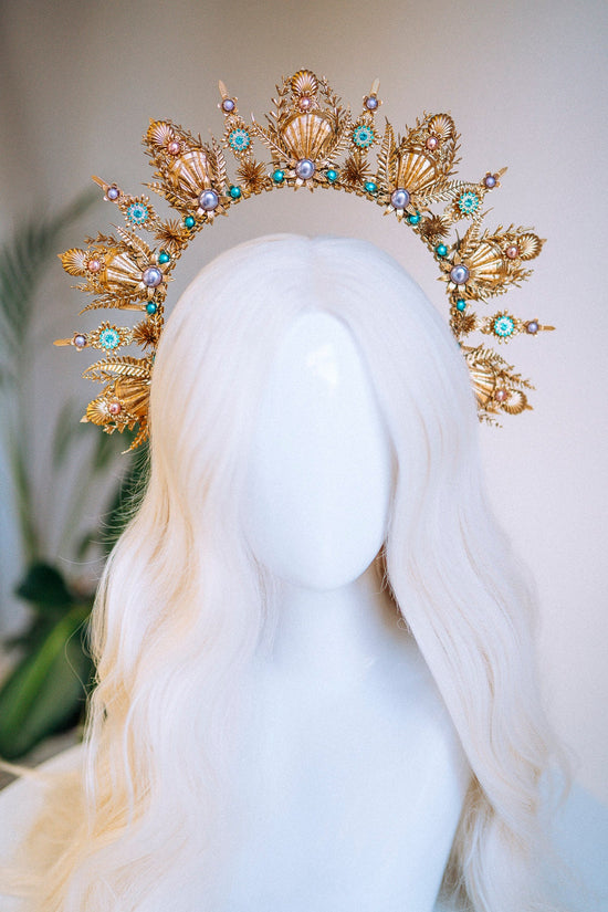 Mermaid Halo Crown Halloween Shell Crown Halo Headband Halo Headlights Crown Tiara Gold Halo Headpiece Festival Crown