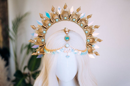 Mermaid Halo Crown, Halloween, Shell Crown, Halo Headband, Halo Headlights, Crown, Tiara, Gold Halo, Headpiece, Festival Crown,Mermaid Crown