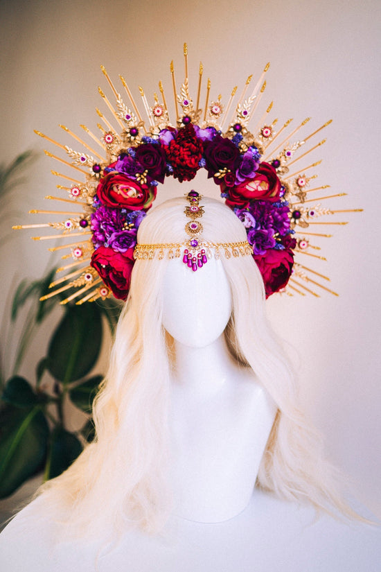 Flower Halo Crown, Halo Headpiece, Halo Crown, Halo Headlights, Flower Crown, Celestial, Headpiece, Pregnancy Photo, Goddess, Purple Flowers