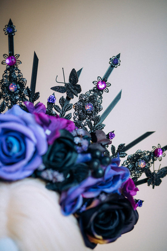 Flower Halo Crown, Halo Headpiece, Halo Headlights, Flower Crown, Celestial, Headpiece, Black Flower Crown, Purple Flower Crown, Halloween