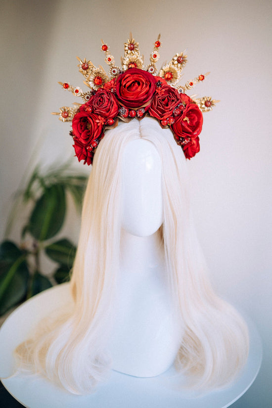 Flower Halo Crown Halo Headpiece Halo Crown Headlights Flower Crown Celestial Headpiece Pregnancy Photo Goddess Red Flowers