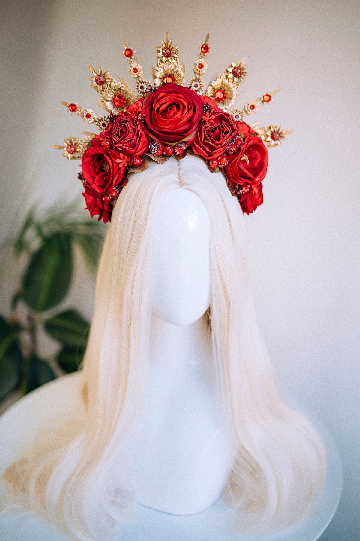 Flower Halo Crown Halo Headpiece Halo Crown Headlights Flower Crown Celestial Headpiece Pregnancy Photo Goddess Red Flowers