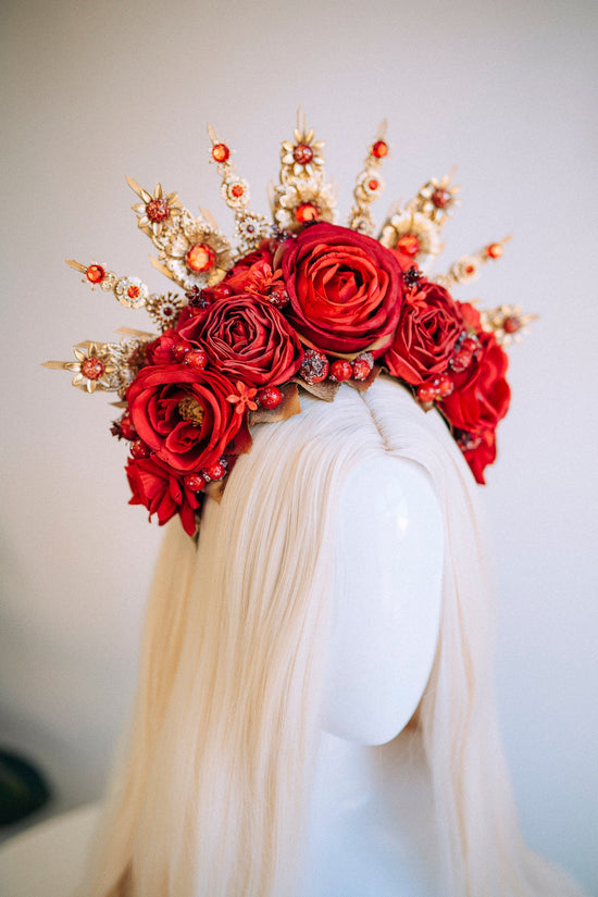 Flower Halo Crown Halo Headpiece Halo Crown Headlights Flower Crown Celestial Headpiece Pregnancy Photo Goddess Red Flowers