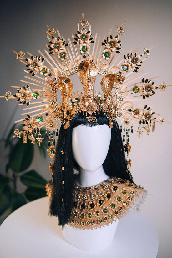 Cleopatra crown, Gold halo crown, Goddess headpiece, Gold cobra crown, Egypt costume. Cleopatra costume, Halloween, Burning man