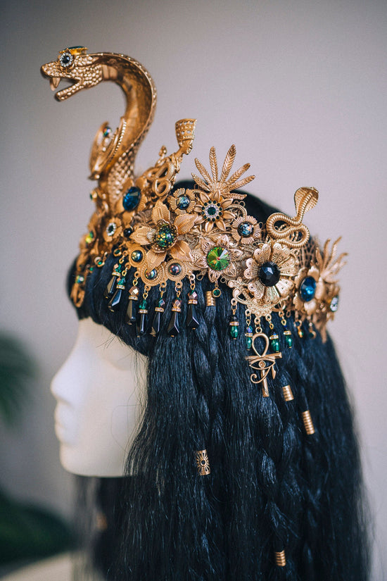 Cleopatra Crown, Egypt costume, Gold Headpiece, Headdress, Halloween costume, Goddess Crown, Burning man, Gold cobra crown