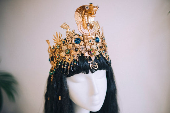 Cleopatra Crown, Egypt costume, Gold Headpiece, Headdress, Halloween costume, Goddess Crown, Burning man, Gold cobra crown