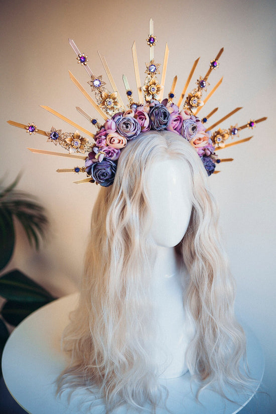 Flower Halo Crown Halo Headpiece Halo Headlights Flower Crown Celestial Headpiece Pregnancy Photo Goddess Purple Flowers