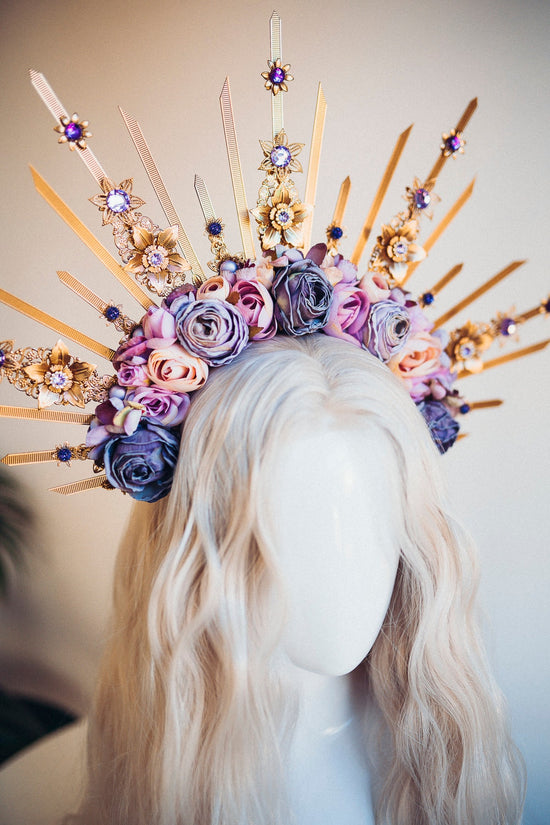 Flower Halo Crown Halo Headpiece Halo Headlights Flower Crown Celestial Headpiece Pregnancy Photo Goddess Purple Flowers