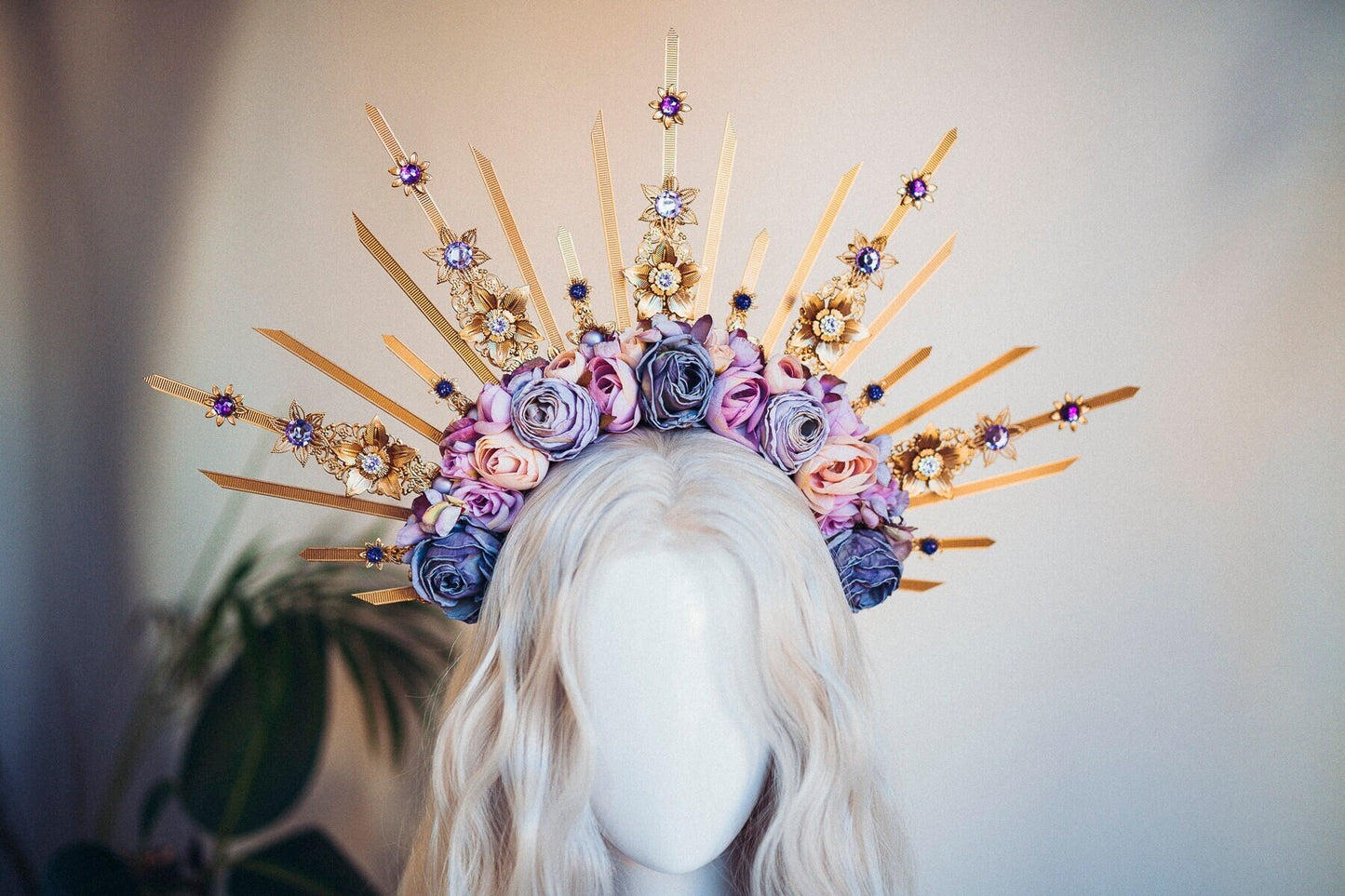 Flower Halo Crown Halo Headpiece Halo Headlights Flower Crown Celestial Headpiece Pregnancy Photo Goddess Purple Flowers