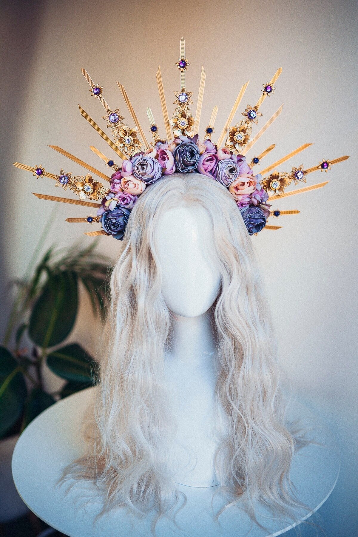 Flower Halo Crown Halo Headpiece Halo Headlights Flower Crown Celestial Headpiece Pregnancy Photo Goddess Purple Flowers