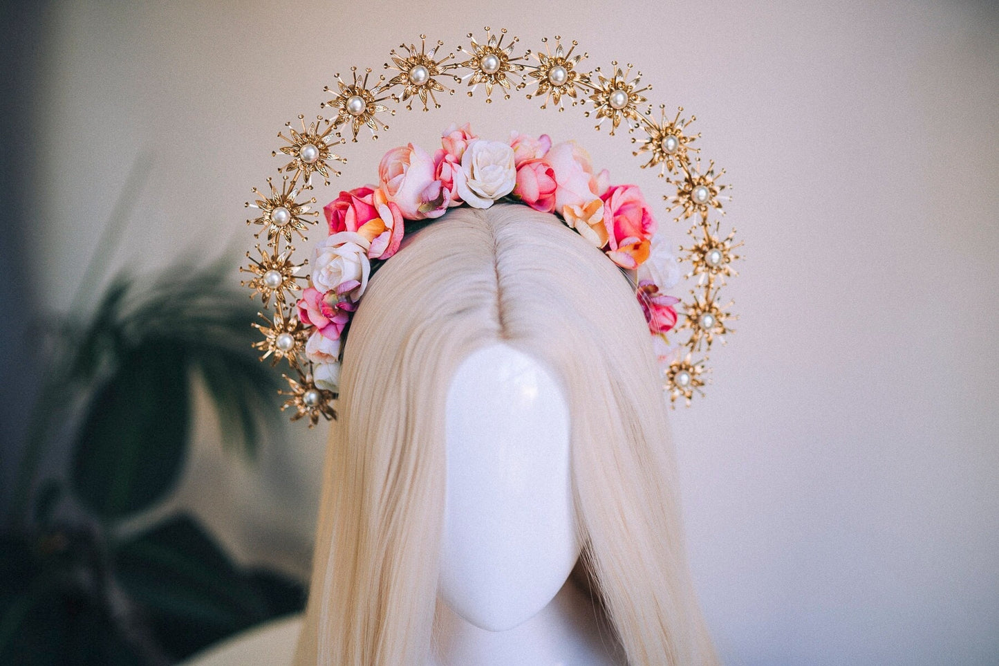 Boho Wedding Gold Halo Boho Wedding Crown Wedding headpiece Boho Wedding Tiara Pink Flower Crown Sunburst Crown Halo Headpiece