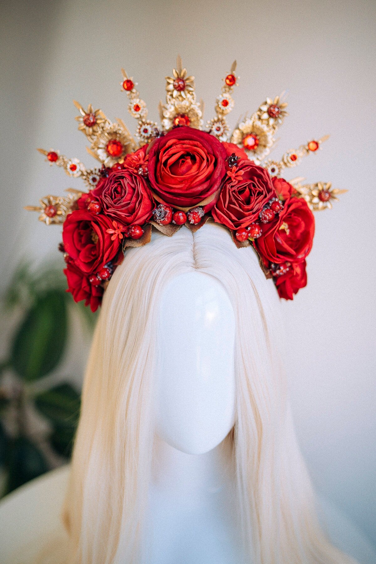 Flower Halo Crown Halo Headpiece Halo Crown Headlights Flower Crown Celestial Headpiece Pregnancy Photo Goddess Red Flowers