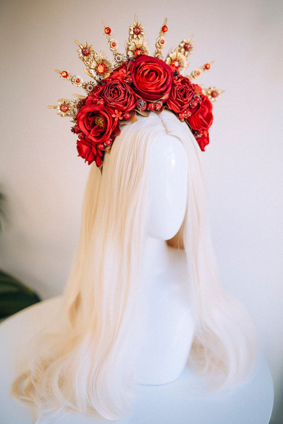 Flower Halo Crown Halo Headpiece Halo Crown Headlights Flower Crown Celestial Headpiece Pregnancy Photo Goddess Red Flowers