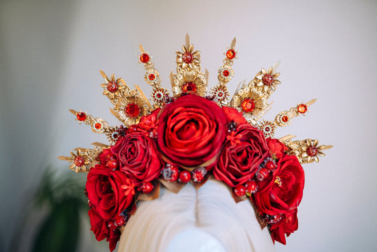 Flower Halo Crown Halo Headpiece Halo Crown Headlights Flower Crown Celestial Headpiece Pregnancy Photo Goddess Red Flowers