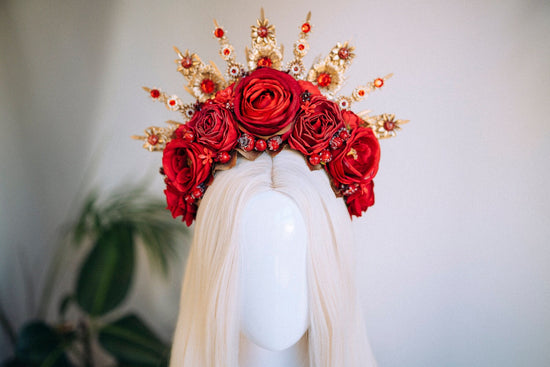 Flower Halo Crown Halo Headpiece Halo Crown Headlights Flower Crown Celestial Headpiece Pregnancy Photo Goddess Red Flowers