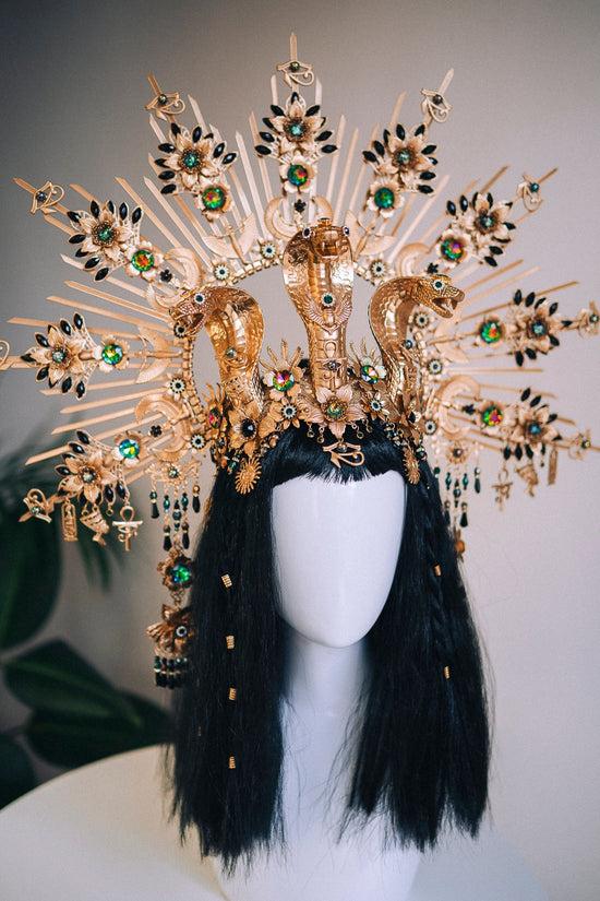 Cleopatra crown, Gold halo crown, Goddess headpiece, Gold cobra crown, Egypt costume. Cleopatra costume, Halloween, Burning man