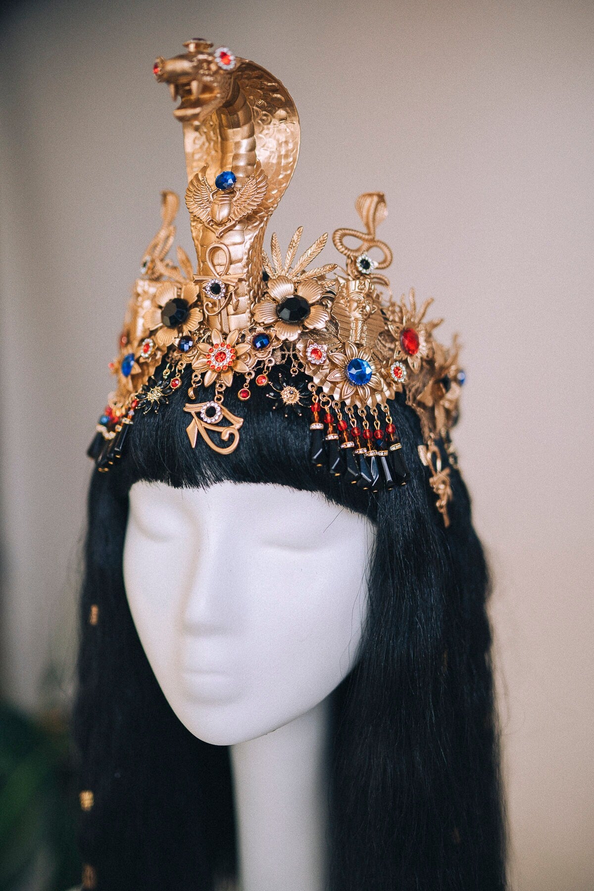 Cleopatra Crown, Cleopatra headpiece, Halloween costume, Gold goddess crown, Gold Egypt jewellery, Gold cobra headpiece