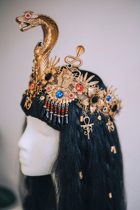 Cleopatra Crown, Cleopatra headpiece, Halloween costume, Gold goddess crown, Gold Egypt jewellery, Gold cobra headpiece