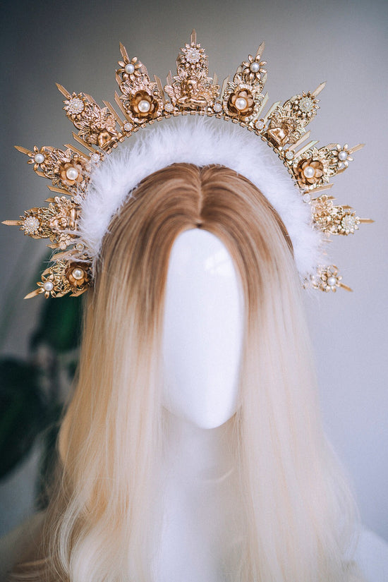 Angel Crown Gold Halo Crown Headlights Headpiece Wedding Crown Met Gala Crown Wedding Crown Mary Crown Photo props Angel Wings