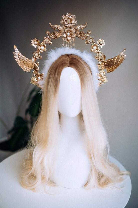 Angel Crown Gold Halo Crown Headlights Headpiece Wedding Crown Met Gala Crown Wedding Crown Mary Crown Photo props Angel Wings