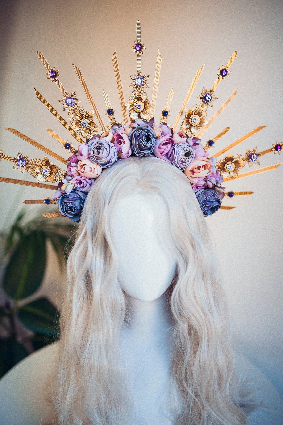 Flower Halo Crown Halo Headpiece Halo Headlights Flower Crown Celestial Headpiece Pregnancy Photo Goddess Purple Flowers