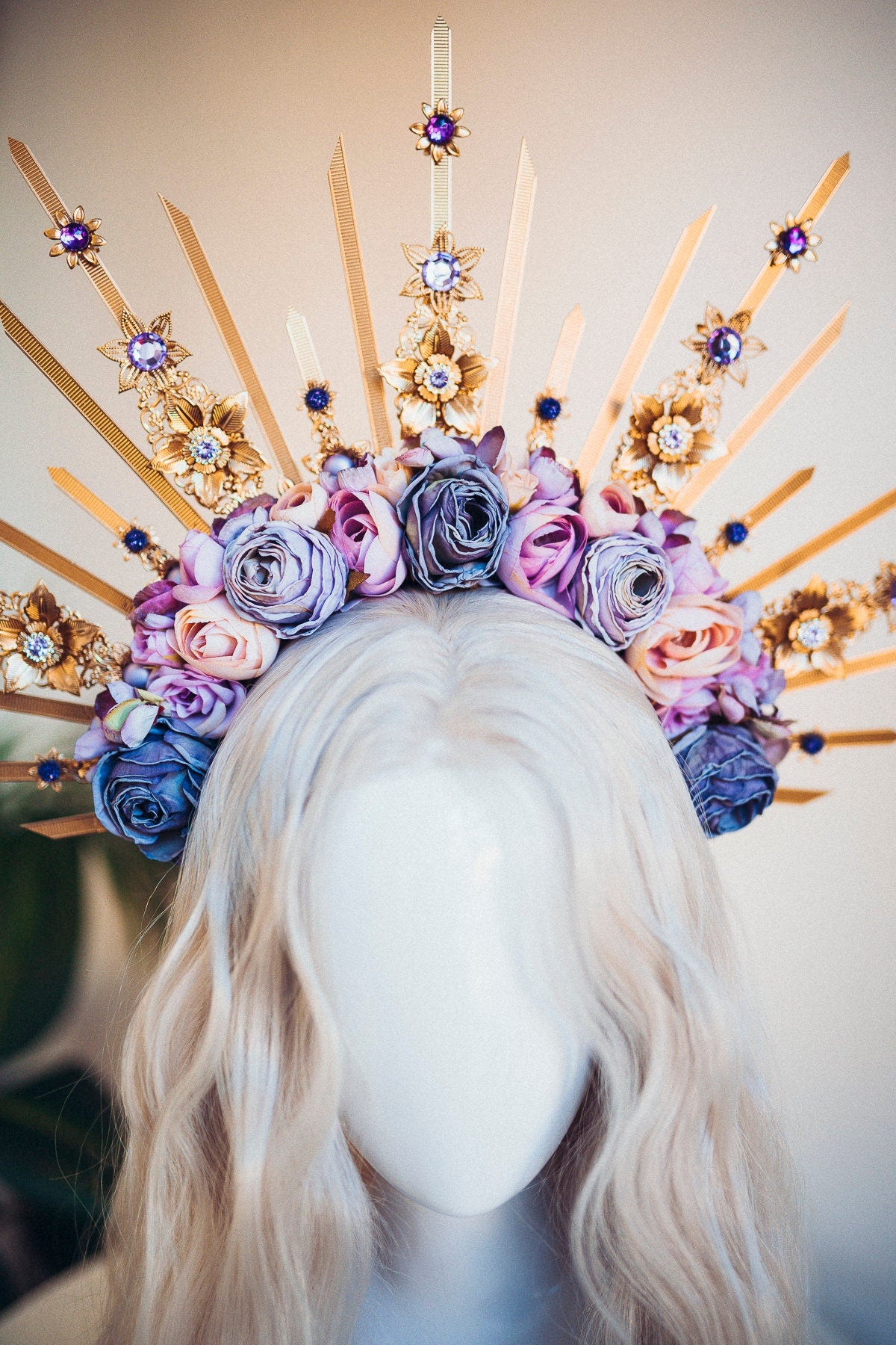 Flower Halo Crown Halo Headpiece Halo Headlights Flower Crown Celestial Headpiece Pregnancy Photo Goddess Purple Flowers