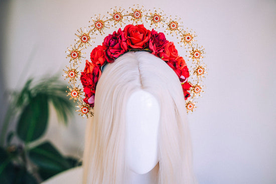 Boho Wedding Gold Halo Boho Wedding Crown Wedding headpiece Boho Wedding Tiara Red Flower Crown Sunburst Crown Halo Headpiece