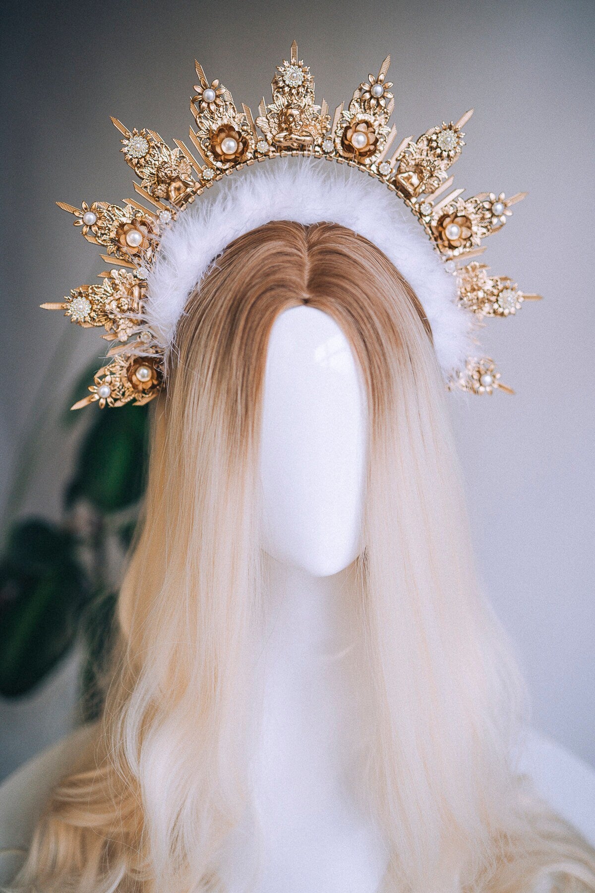 Angel Crown Gold Halo Crown Headlights Headpiece Wedding Crown Met Gala Crown Wedding Crown Mary Crown Photo props Angel Wings