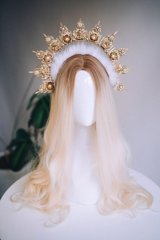 Angel Crown Gold Halo Crown Headlights Headpiece Wedding Crown Met Gala Crown Wedding Crown Mary Crown Photo props Angel Wings