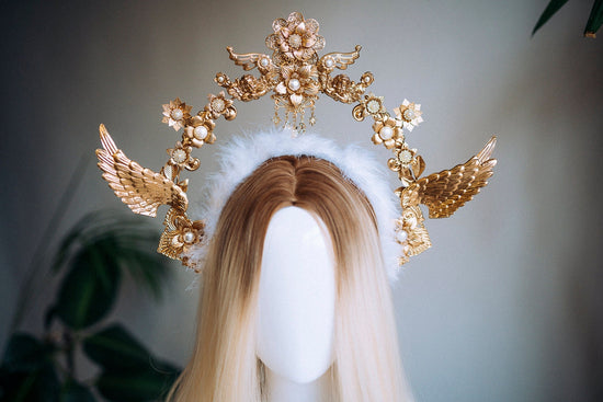 Angel Crown Gold Halo Crown Headlights Headpiece Wedding Crown Met Gala Crown Wedding Crown Mary Crown Photo props Angel Wings